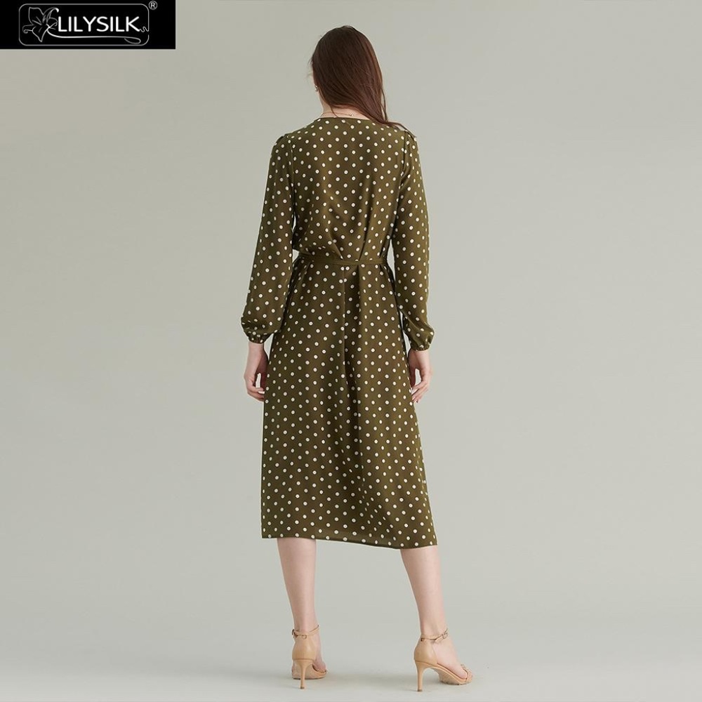 Lilysilk 100% Silk Polka Dot Wrap Midi Dress in Olive Green/White Sz L - Picture 2 of 10